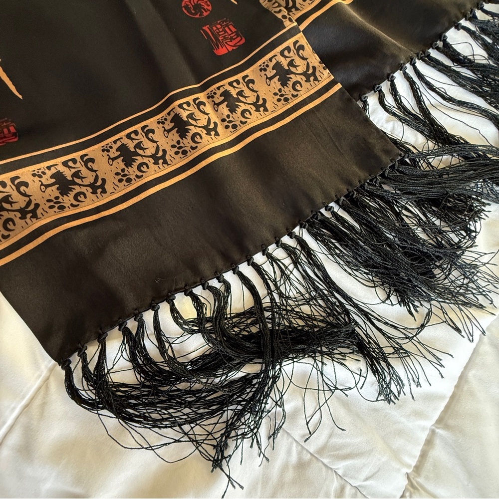 Vintage Black Satin Asian-Inspired Calligraphy Scarf with Fringe - Picture 2 of 5